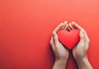 Obraz premium A woman's hands lovingly hold a red heart shape, a symbol of care and romantic love