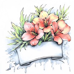 Vibrantly Detailed Hand-Drawn Illustration: Peach Lilies & Blank Banner. AI Generated