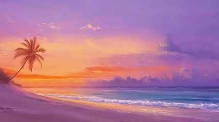 A painting of a beach with a palm tree and a sunset in the background