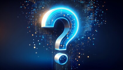 A glowing blue question mark emerges from a digital background, symbolizing inquiry and curiosity in a modern tech context.