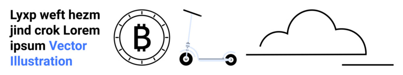 Bitcoin symbol within a coin, a simplistic scooter, a line-drawn cloud, and placeholder text. Ideal for tech, cryptocurrency, e-commerce, transportation, minimalism, abstract art, digital use
