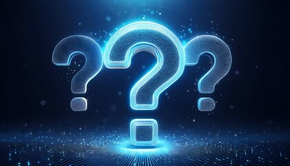 A glowing, digital representation of three question marks set against a dark, futuristic background, symbolizing inquiry and curiosity.