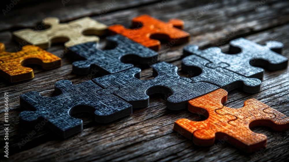 Poster interlocking puzzle pieces on rustic wooden surface: a symbol of teamwork, collaboration, and proble