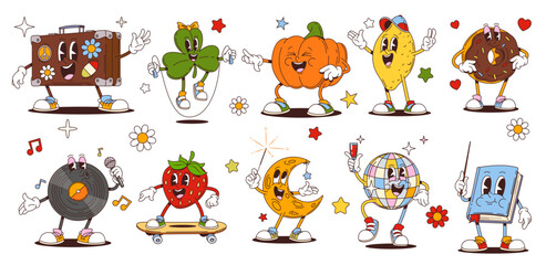 Retro cartoon groovy characters and comic funny emoji, vector funny funky personages. Groovy pumpkin and donut dessert with disco ball and strawberry hipster on skateboard and happy 70s vinyl disc © Vector Tradition