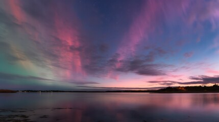 A stunning twilight sky with waves of pastel aurora in soft peach, turquoise, and mauve dancing across the horizon. Light clouds float beneath, reflecting the shimmering colors.