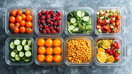 Healthy meal prep  containers of fresh fruits, vegetables, and berries.