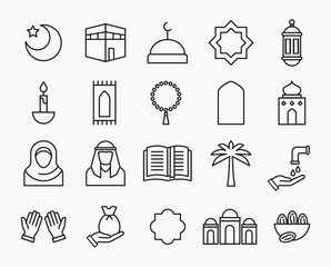 Ramadan icons set in black thin line. Collection of islamic elements in outline style. Vector illustration. Editable stroke