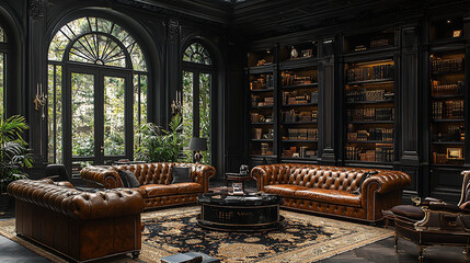 Luxurious leather sofas in a dark, elegant library with large windows and bookshelves.