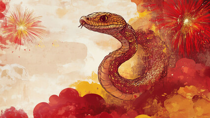 Obraz premium Chinese new year snake illustration background, Year of the Snake Design Painting Watercolor, Chinese New Year Banner