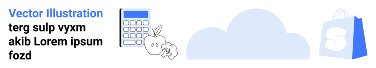 Blue and white digital design featuring a calculator a cloud an apple and a shopping bag with text. Ideal for business technology education e-commerce and cloud services . Landing page