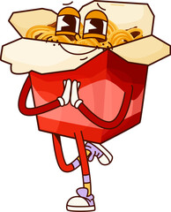 Fast food groovy wok noodles cute character. Asian cuisine fast food cafe noodle cheerful vintage character, takeaway wok happy groovy isolated vector mascot. Street restaurant meal funny personage