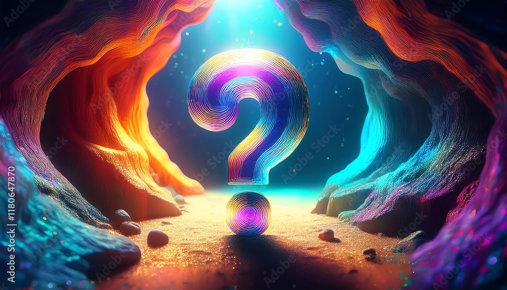 Poster a vibrant, colorful question mark surrounded by a cavern, illuminated by light, creating a mysteriou