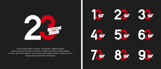 set of anniversary logo flat white and red color with ribbon for celebration moment