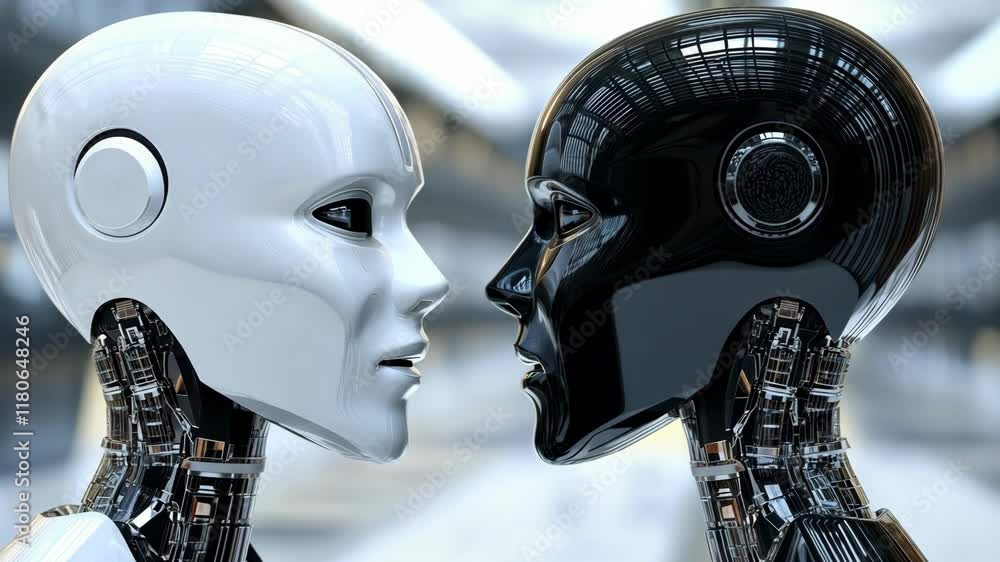Poster futuristic humanoid robots in an advanced technology setting engaging in a silent interaction