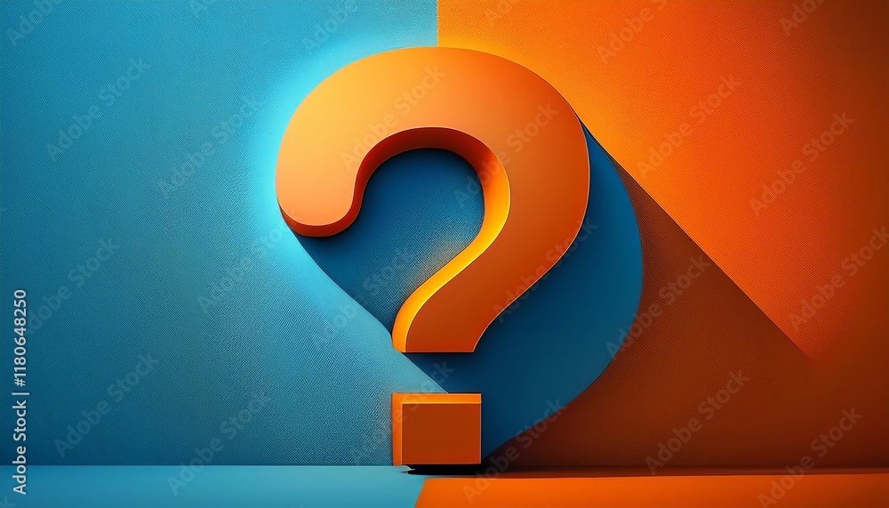Poster a 3d question mark stands against a split-color background of blue and orange, casting a shadow that