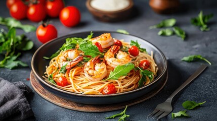 A vibrant dish of spaghetti topped with shrimp, cherry tomatoes, and fresh greens, served on a rustic plate against a dark background.