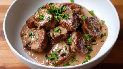 Fototapeta premium A hearty dish of tender meat in a creamy sauce, garnished with fresh herbs, served in a white bowl on a wooden surface.