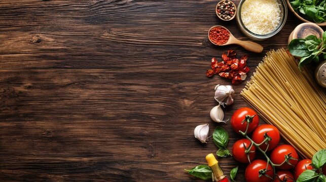 A vibrant assortment of ingredients including tomatoes, garlic, herbs, and pasta arranged on a wooden surface, perfect for Italian cuisine.