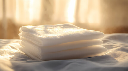 High-quality pack of sterile gauze pads on a soft surface with natural light and gentle steam, ideal for medical use and first aid supplies. Snowwoven. Illustration