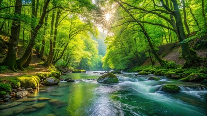 Obraz premium Lush Spring Landscape: Noor Forest River, Mazandaran, Iran