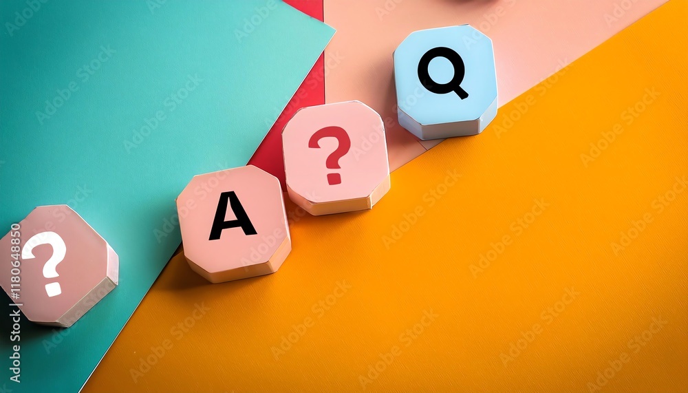 Poster colorful shapes with letters and question marks on a vibrant surface, suggesting a playful and inqui