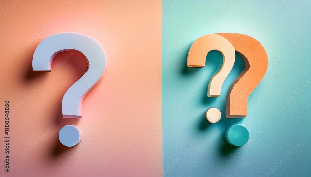Poster two colorful question marks against contrasting backgrounds symbolize curiosity and inquiry, invitin