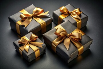Obraz premium Luxurious Black Gift Boxes with Gold Ribbon - Aerial View Stock Photo