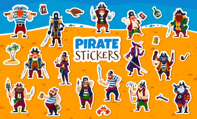 Cartoon pirate and corsair characters stickers. Vector patches with funny rovers. Captain, sailor, boatswain and swashbuckler with female pirate queen on secret island sandy beach with palm trees