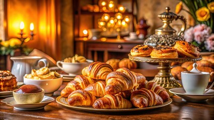 Luxurious Tea Party: Close-up of Elegant Croissants & Pastries