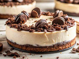 Macro Close-up of Creamy No-Bake Cheesecake with Chocolate Cookie Crumble