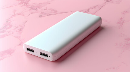 White power bank on pink marble, charging device mockup, technology background.
