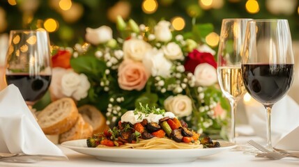 A beautifully arranged dinner setting featuring pasta, wine, and a floral centerpiece, perfect for a romantic or festive occasion.