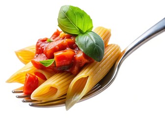Macro Photo of Penne Rigate Pasta with Tomato Sauce and Basil on a Fork, Isolated on Transparent Background