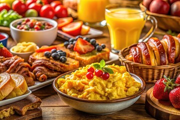 Macro Photography: Delicious Breakfast Buffet Spread - Scrambled Eggs, Bacon, Potatoes & Pastries