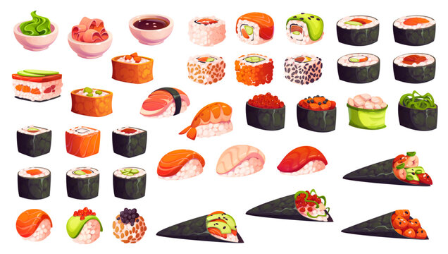 Cartoon Japanese sushi and rolls with sashimi for Asian cuisine food menu, vector icons. Sushi set of nigiri and maki and hosomaki rolls with seafood, shrimp and fish caviar, wasabi and soy sauce