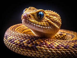 Obraz premium Macro Photography: Western Diamondback Rattlesnake on Solid Black Background - Detailed Venomous Reptile Close-up