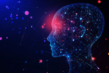 Futuristic digital illustration of a human head with glowing connections representing artificial intelligence and technology.
