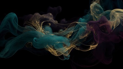 A luxurious abstract artwork with flowing, smoke-like tendrils in deep velvety hues of burgundy, emerald green, and sapphire blue against a matte black background.