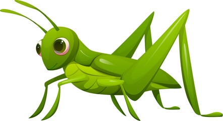 Cartoon funny grasshopper insect character. Isolated vector playful pest personage featuring bright green color and an amusing expression. Funny fauna creature with big expressive eyes and antennas