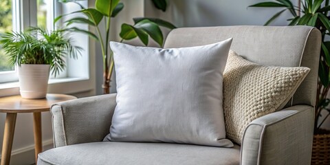 Macro Shot: White Square Pillow & Cotton Cushion on Grey Armchair in Living Room