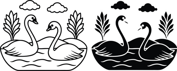 Elegant Swan Pair Lake Serenity, Natures Grace, Peaceful Scene