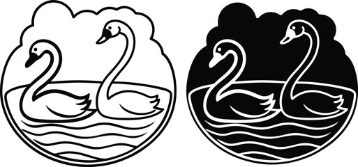 Pair of Swans on Lake, Nature, Elegant, Black, White, Illustration