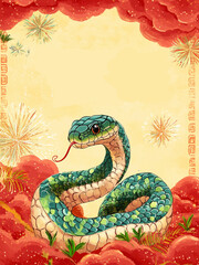 Fototapeta premium Chinese new year snake illustration background, Year of the Snake Design Painting Watercolor, Chinese New Year Banner