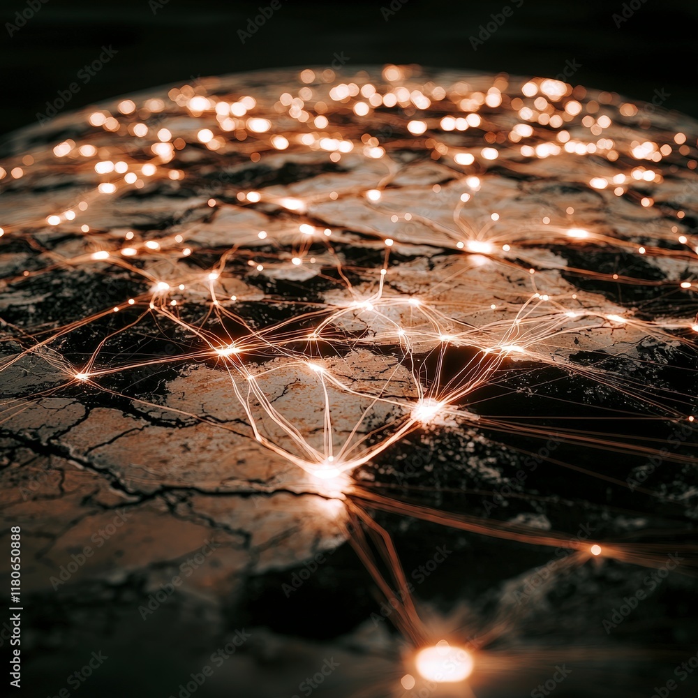 Poster global network digital connections illuminated earth data flow technology communicati