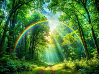 Magical Rainbow Double Exposure Over Lush Green Forest - Surreal Nature Stock Photo