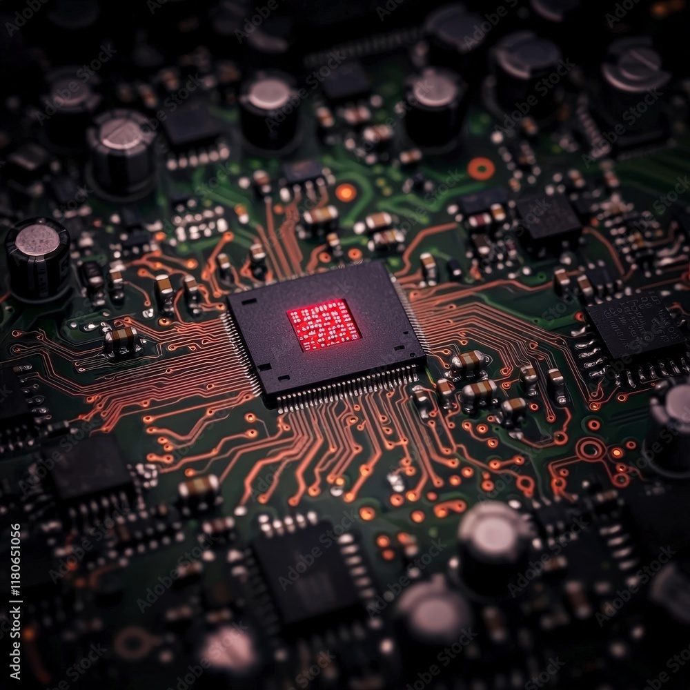 Poster Glowing Microchip Closeup  Circuit Board Technology Image