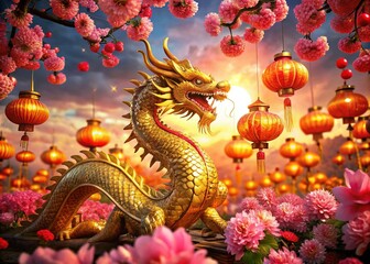 Fototapeta premium Majestic Golden Dragon, Red Lanterns, Cherry Blossoms & Peonies - Luxurious Chinese New Year