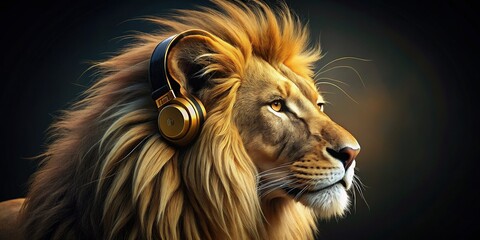 Fototapeta premium Majestic Golden Lion Head in Profile Wearing Headphones - Stock Photo