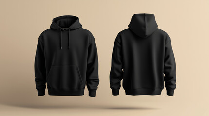 Mockup floating black fleece hoodie, front and back view, isolated on beige background, Ai generated images