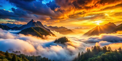 Majestic Mountain Timelapse: Fog & Clouds Double Exposure Stock Photo